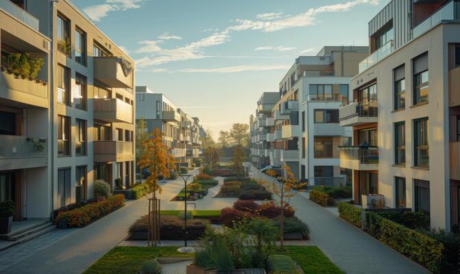 a-serene-morning-view-of-a-quiet-urban-neighborhood-with-modern-apartment-buildings-and-a-clear-blue-sky-photo